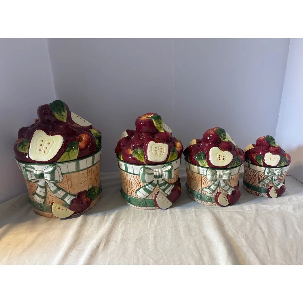 Apple Basket Canister Set 4 Piece Red Ceramic Farmhouse Kitchen‎ Decor Excellent